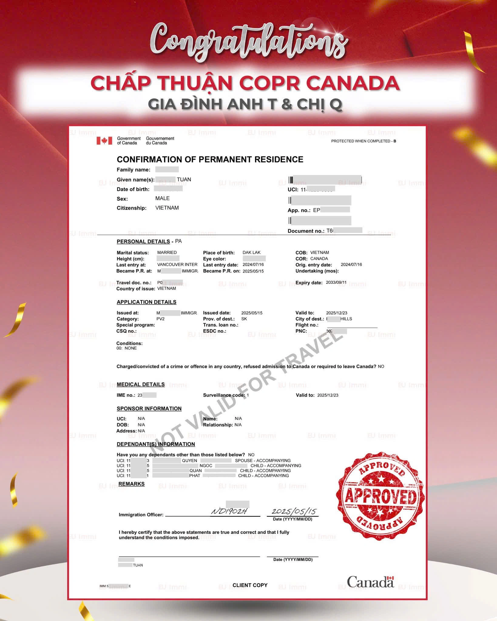 CHÚC MỪNG KHÁCH HÀNG HDI  CHÍNH THỨC NHẬN COPR CANADA – THẺ XANH 10 NĂM