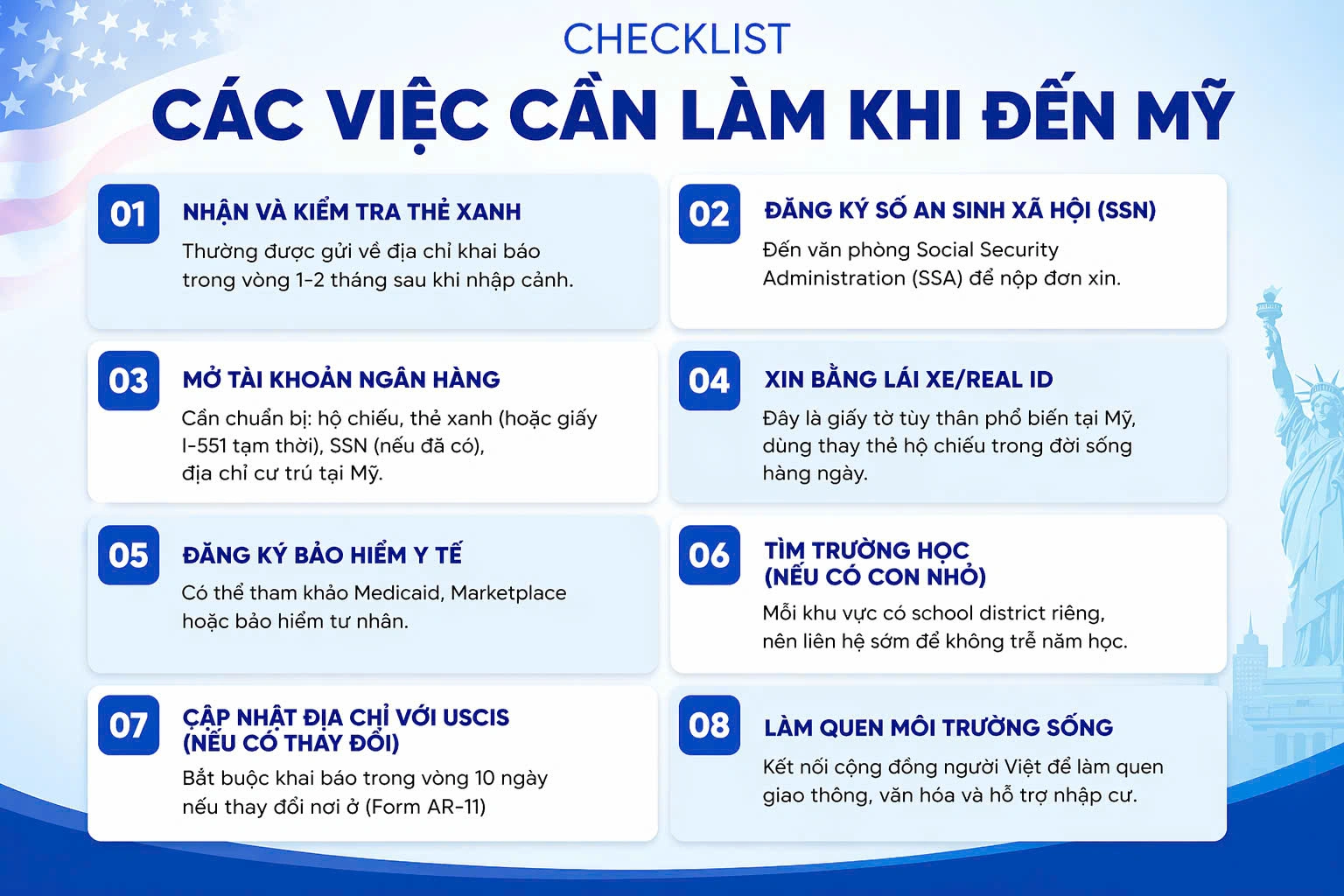 CHECKLIST – CÁC VIỆC CẦN LÀM KHI ĐẾN MỸ