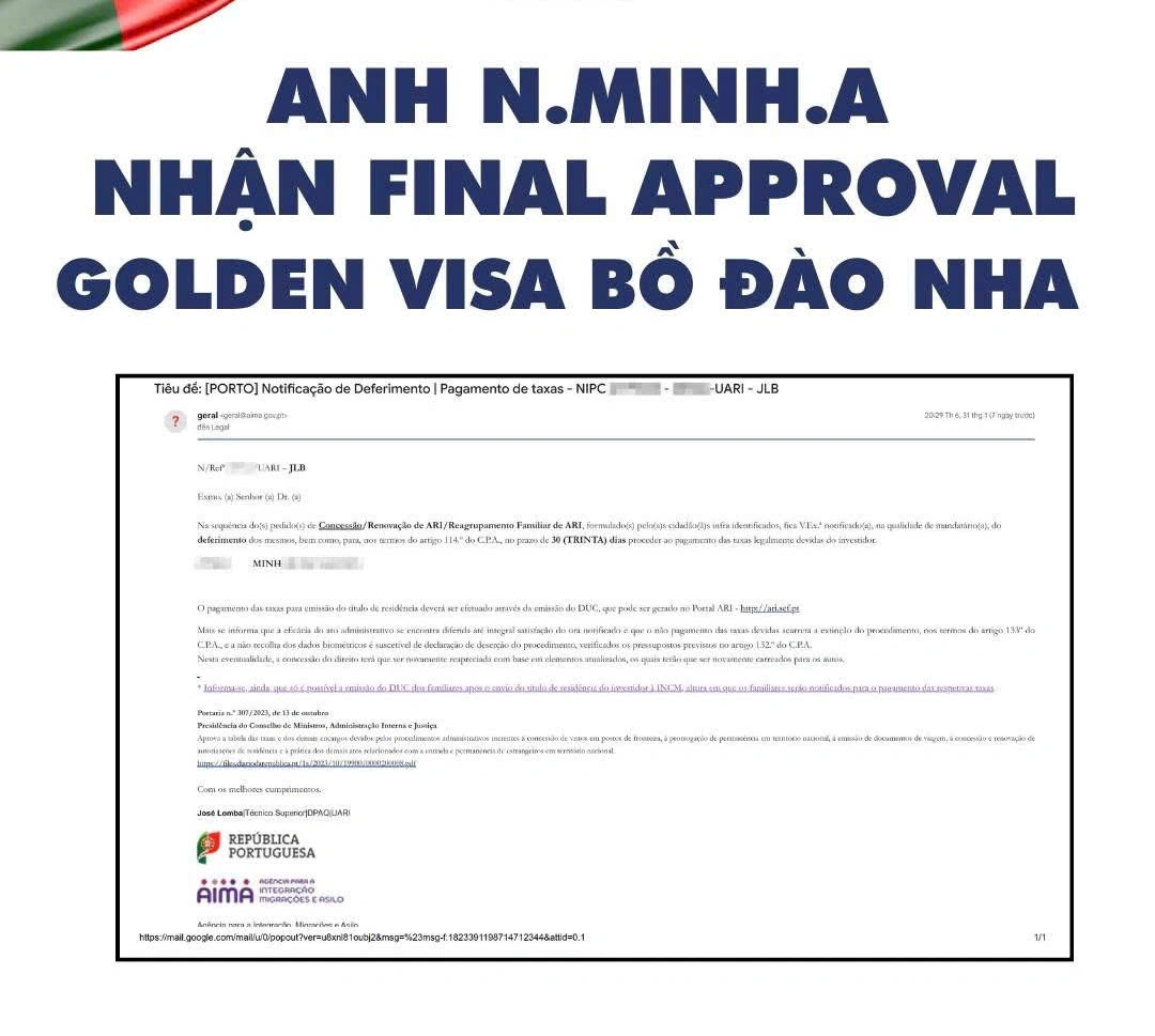 CHÚC MỪNG ANH MINH NHẬN FINAL APPROVAL  -  GOLDEN VISA BỒ ĐÀO NHA