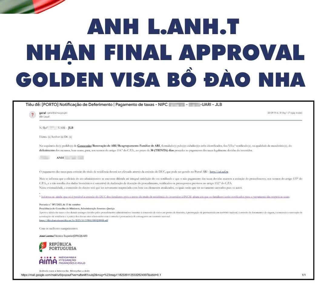 CHÚC MỪNG ANH LÂM ANH NHẬN FINAL APPROVAL  -  GOLDEN VISA BỒ ĐÀO NHA