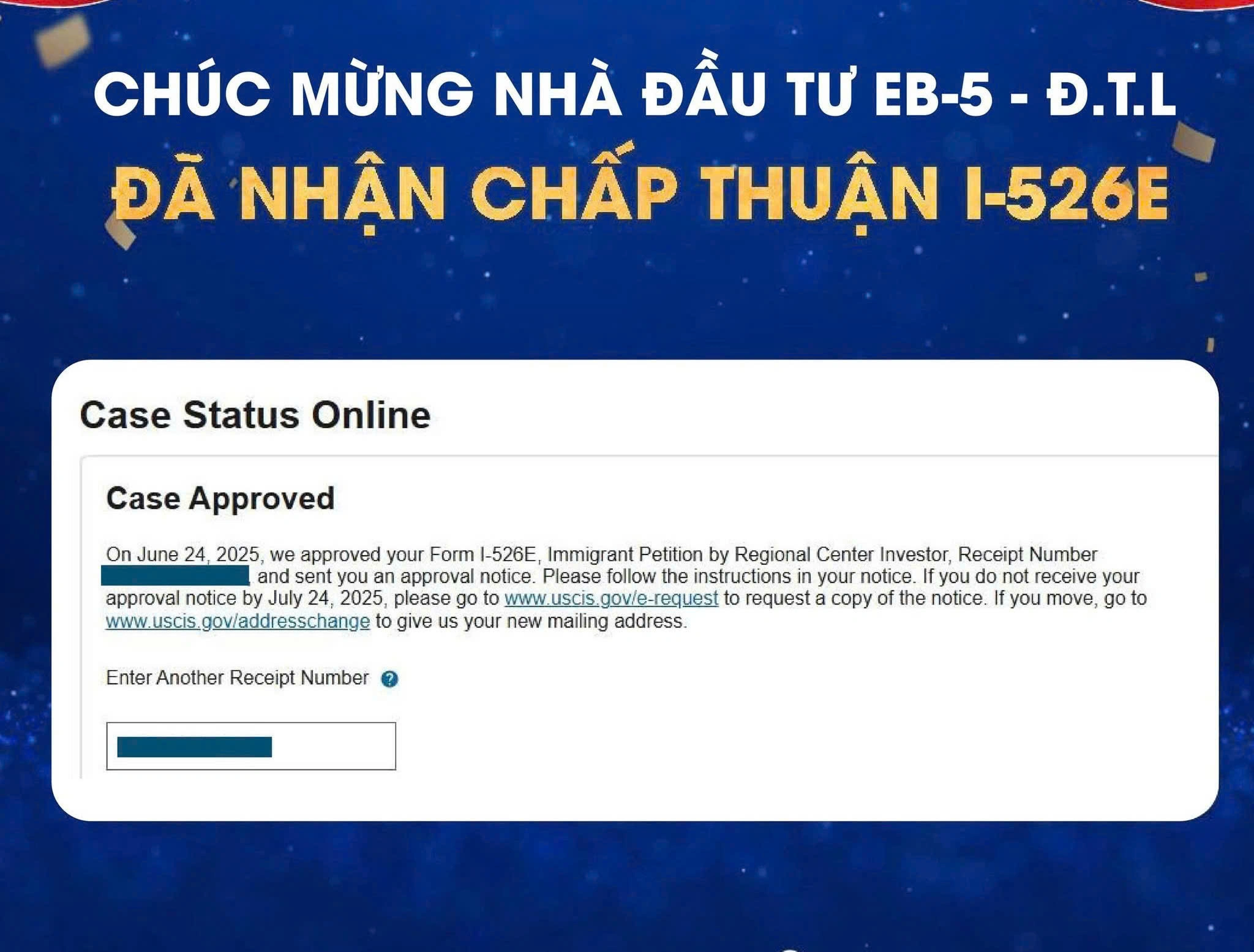 CHÚC MỪNG NHÀ ĐẦU TƯ EB-5 – ANH/CHỊ Đ.T.L ĐÃ ĐƯỢC CHẤP THUẬN I-526E