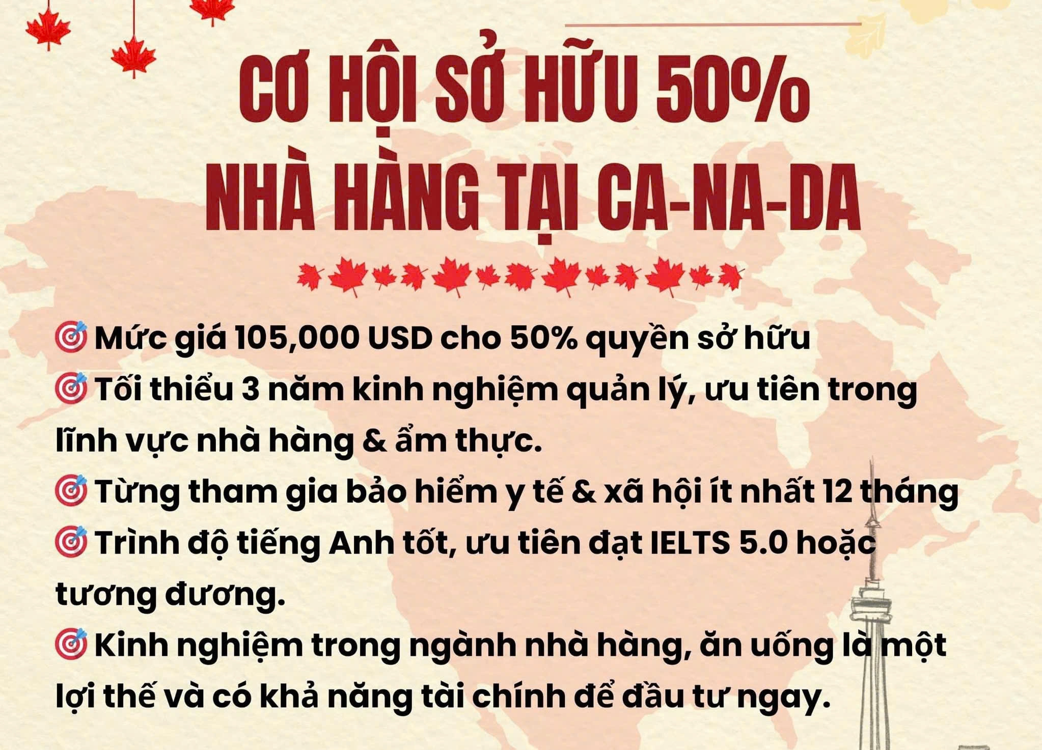 CƠ HỘI SỞ HỮU 50% NHÀ HÀNG TẠI CANADA  - Lộ trình đầu tư – làm việc – định cư lâu dài