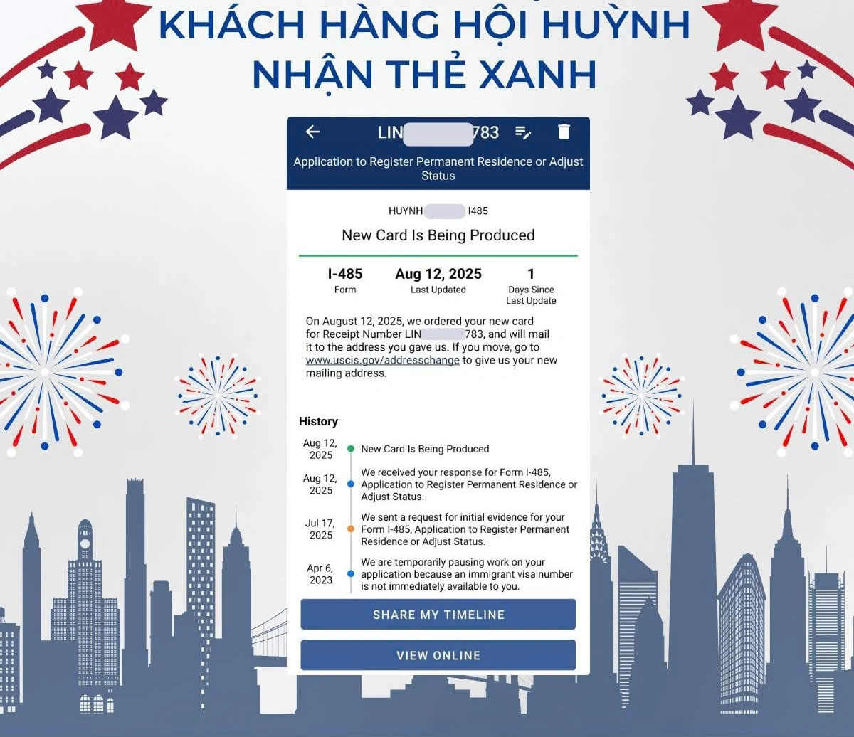 CHÚC MỪNG KHÁCH HÀNG HỘI HUỲNH CHÍNH THỨC NHẬN THẺ XANH MỸ CHƯƠNG TRÌNH EB3