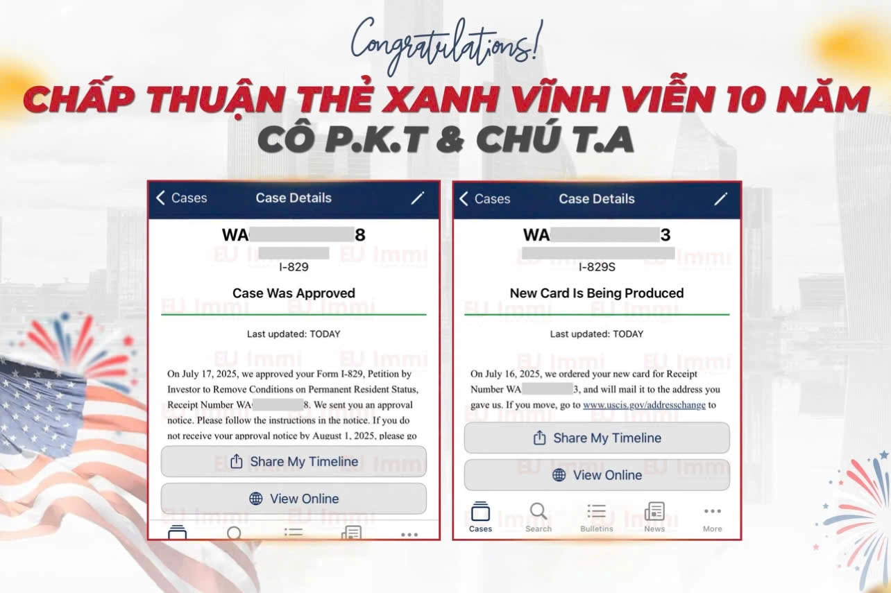 CHÚC MỪNG KHÁCH HÀNG EB-5 ĐÃ ĐƯỢC CHẤP THUẬN THẺ XANH VĨNH VIỄN 10 NĂM